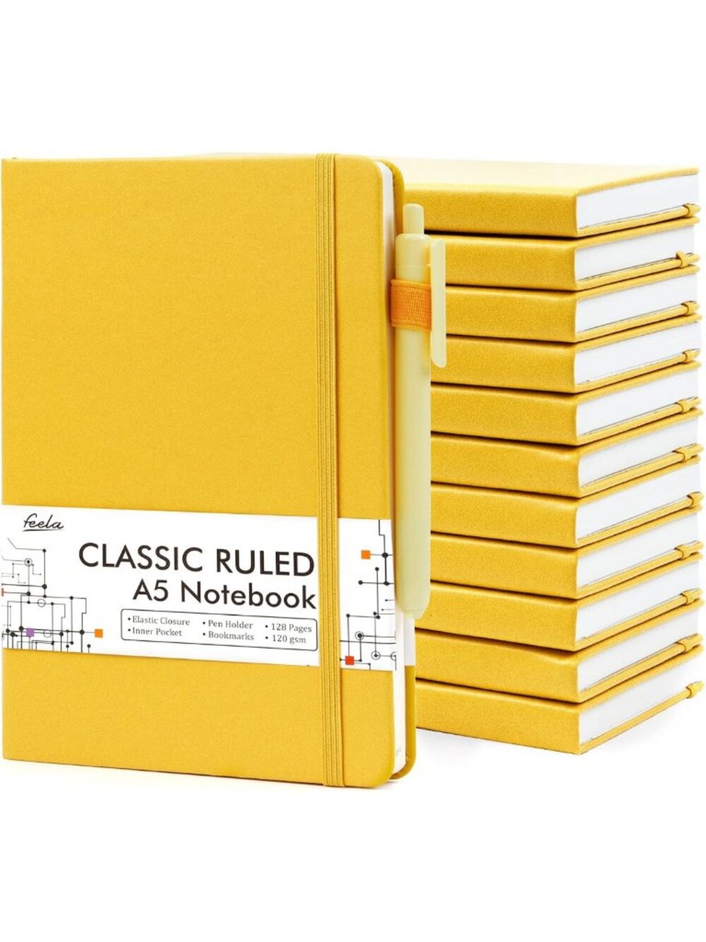 12 Pack A5 Hardcover Notebooks & Black Pens Set - Classic Ruled Journals for